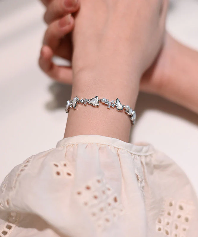 Chic White Natural Freshwater Pearl Mother Of Pearl Zircon Adjustable Silver Bracelet - Image 4