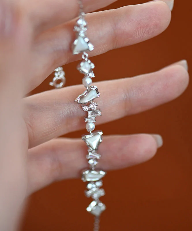 Chic White Natural Freshwater Pearl Mother Of Pearl Zircon Adjustable Silver Bracelet - Image 5