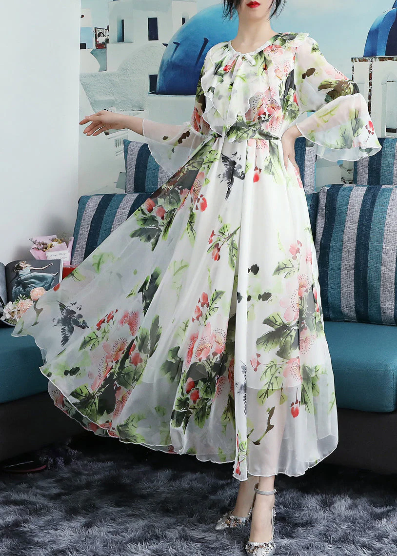 Chic White O-Neck Bow Print Ruffled Chiffon Long Beach Dresses Long Sleeve - Image 2
