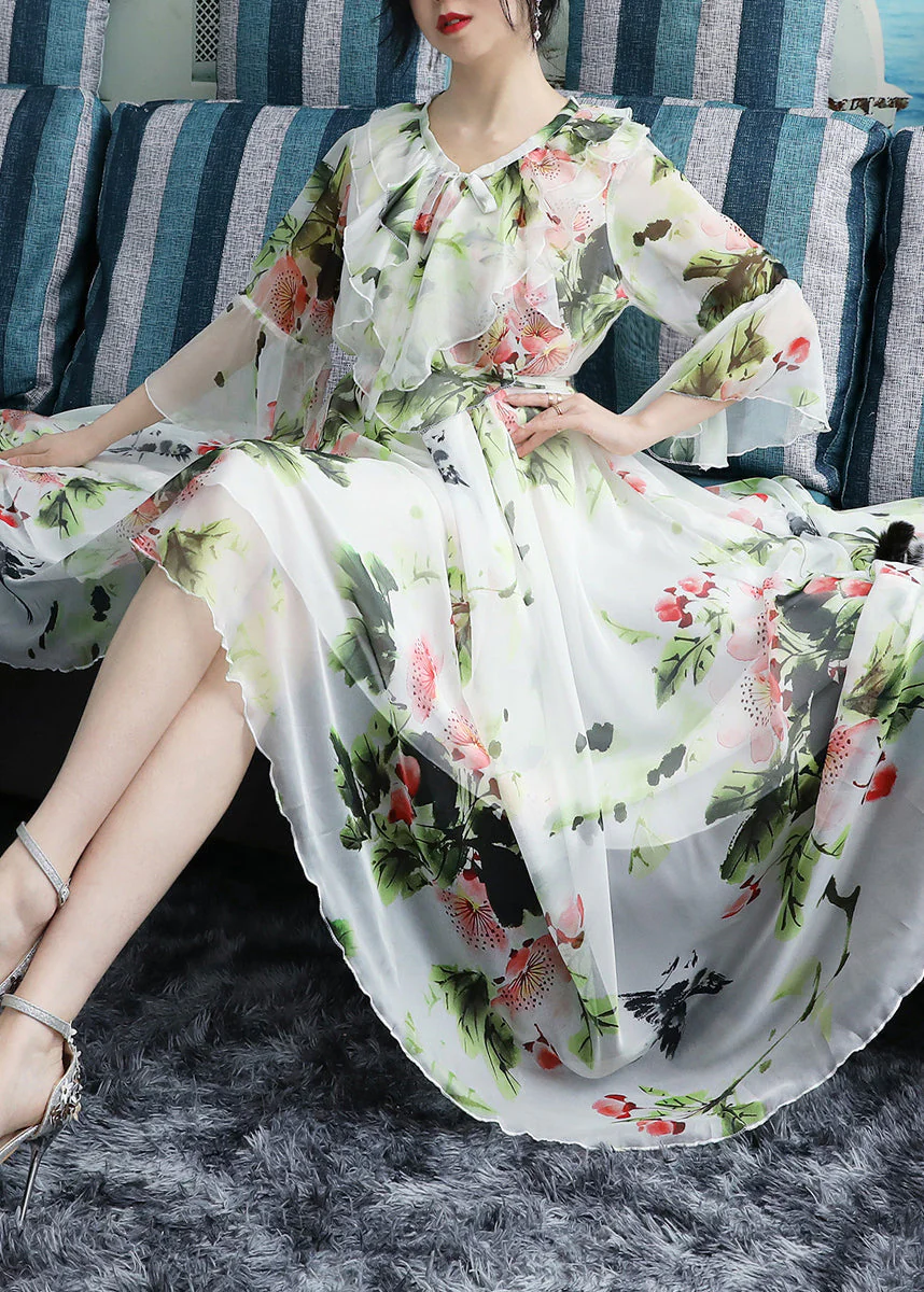 Chic White O-Neck Bow Print Ruffled Chiffon Long Beach Dresses Long Sleeve - Image 3
