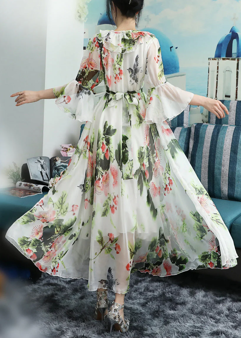 Chic White O-Neck Bow Print Ruffled Chiffon Long Beach Dresses Long Sleeve - Image 4