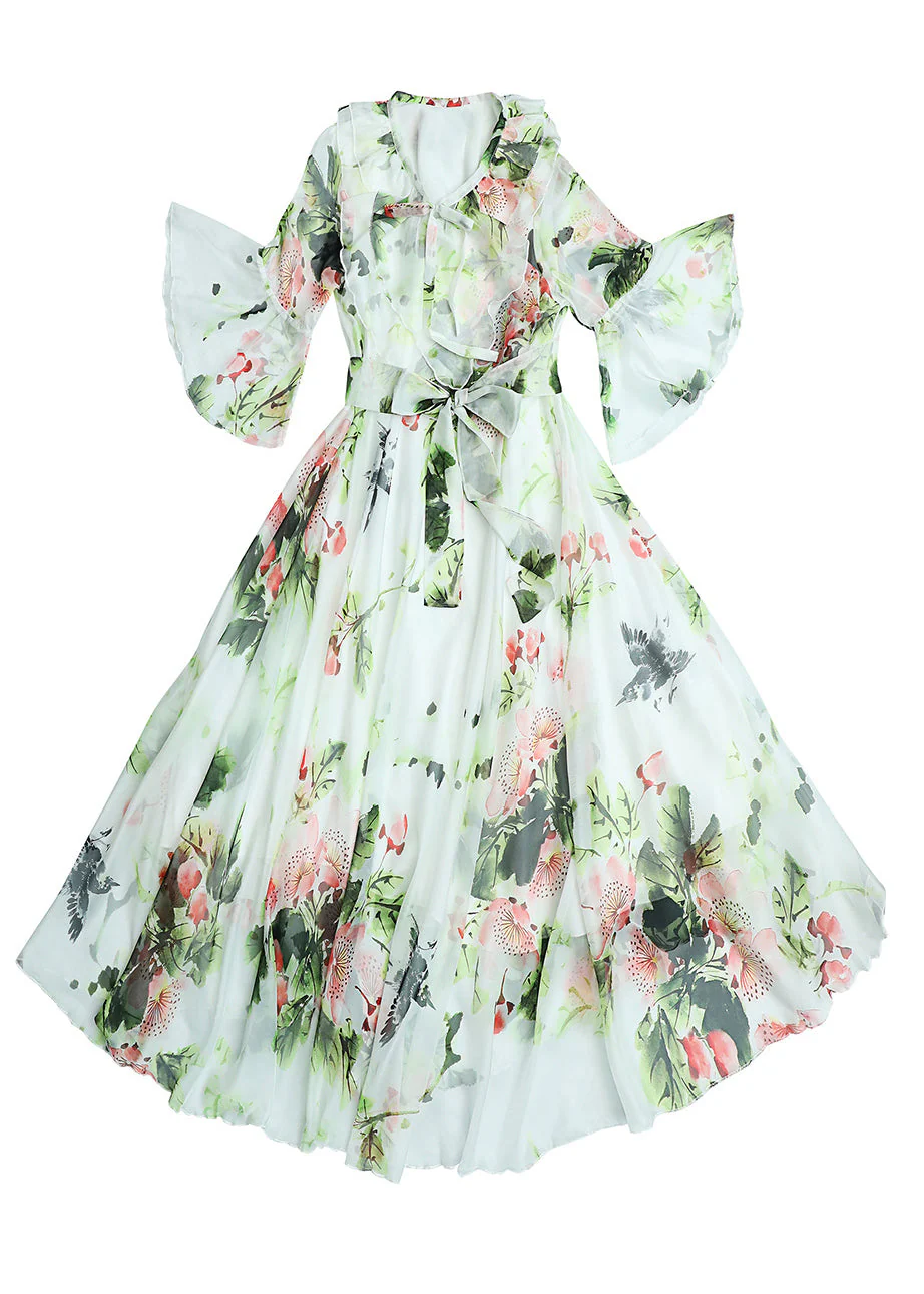 Chic White O-Neck Bow Print Ruffled Chiffon Long Beach Dresses Long Sleeve - Image 5