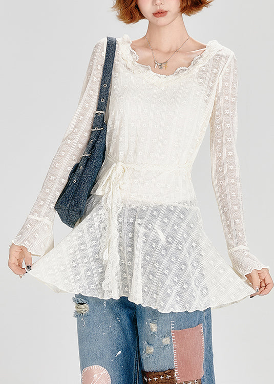 Chic White O Neck Lace Up Lace Top Spring - Image 4