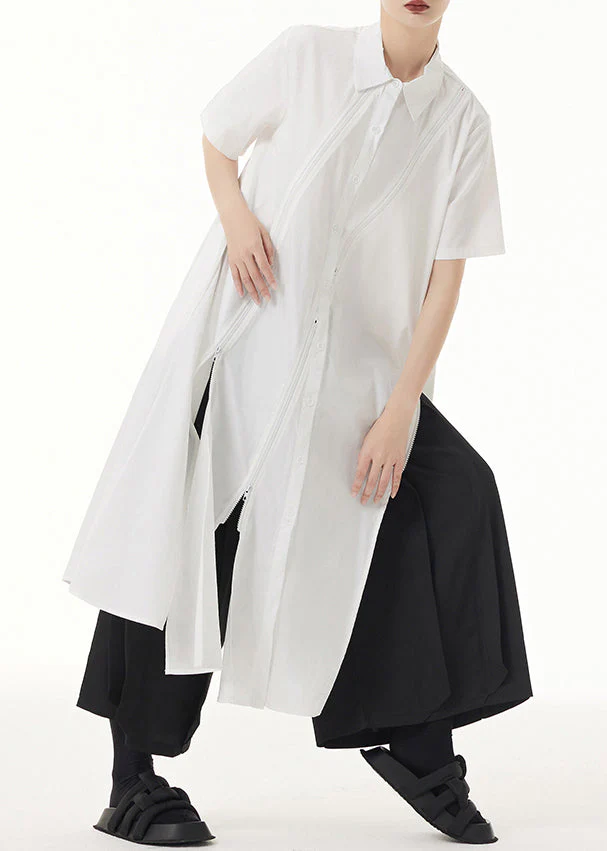 Chic White Peter Pan Collar Asymmetrical Patchwork Cotton Shirt Dress Summer - Image 4