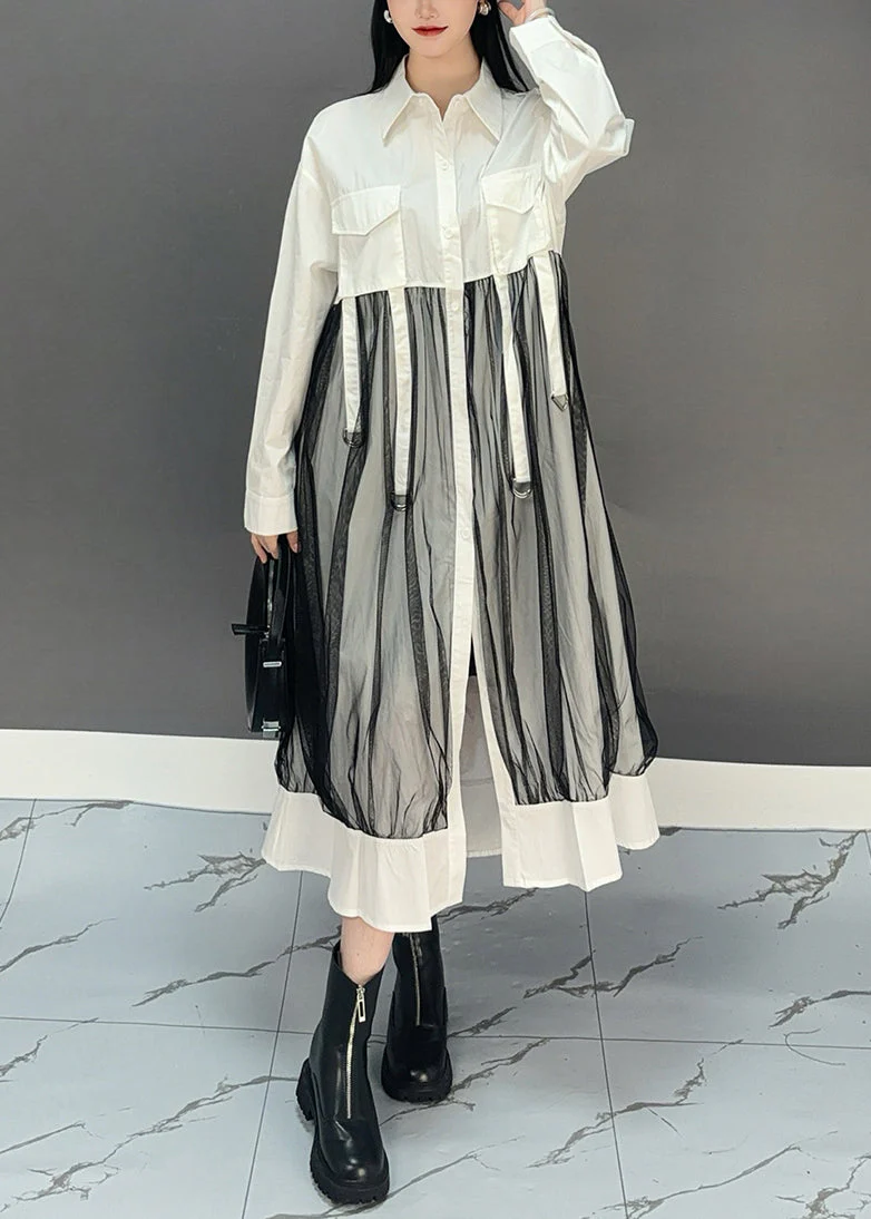 Chic White Peter Pan Collar Asymmetrical Patchwork Long Shirts Dress Spring - Image 3