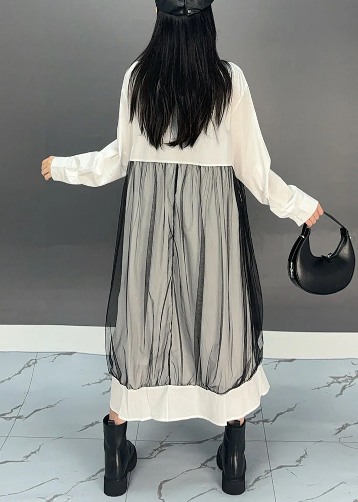 Chic White Peter Pan Collar Asymmetrical Patchwork Long Shirts Dress Spring - Image 5