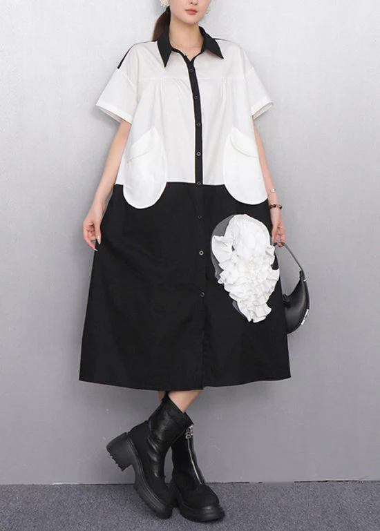 Chic White Pocket Cascading Ruffle Rose Shirt Dress Summer - Image 4