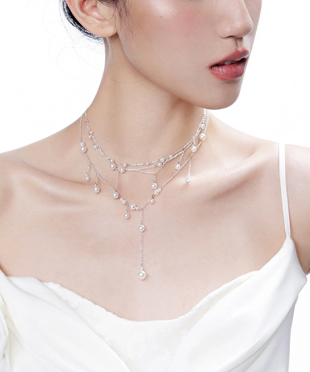 Chic White Pyered Pearl Tassel Multi Layered Silver Necklace - Image 2