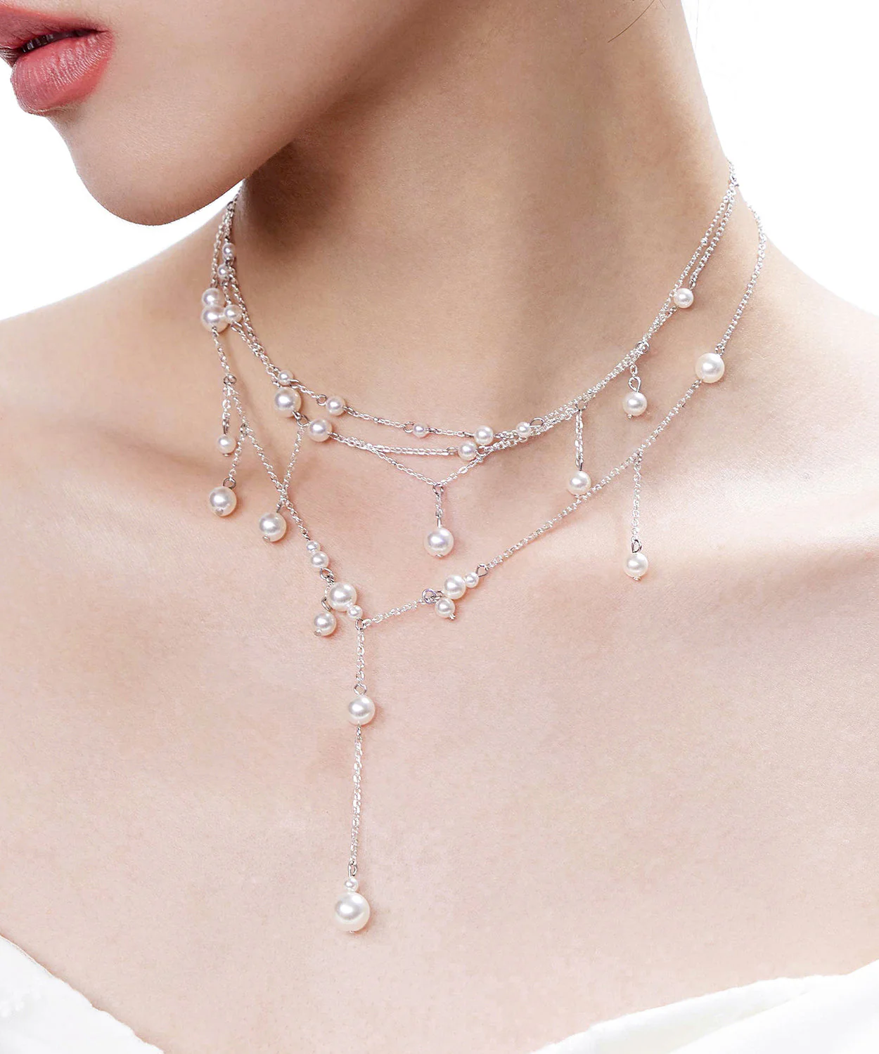 Chic White Pyered Pearl Tassel Multi Layered Silver Necklace - Image 4