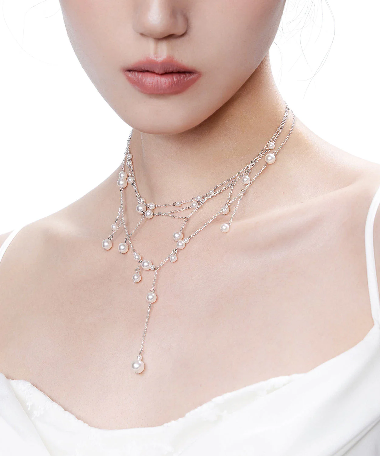 Chic White Pyered Pearl Tassel Multi Layered Silver Necklace - Image 5