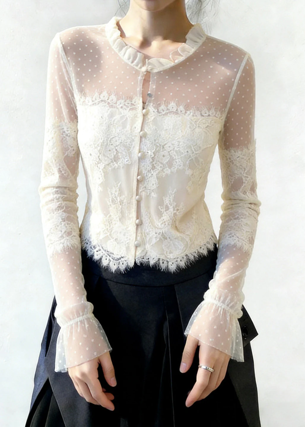 Chic White Ruffled Button Patchwork Lace Blouse Flare Sleeve - Image 2