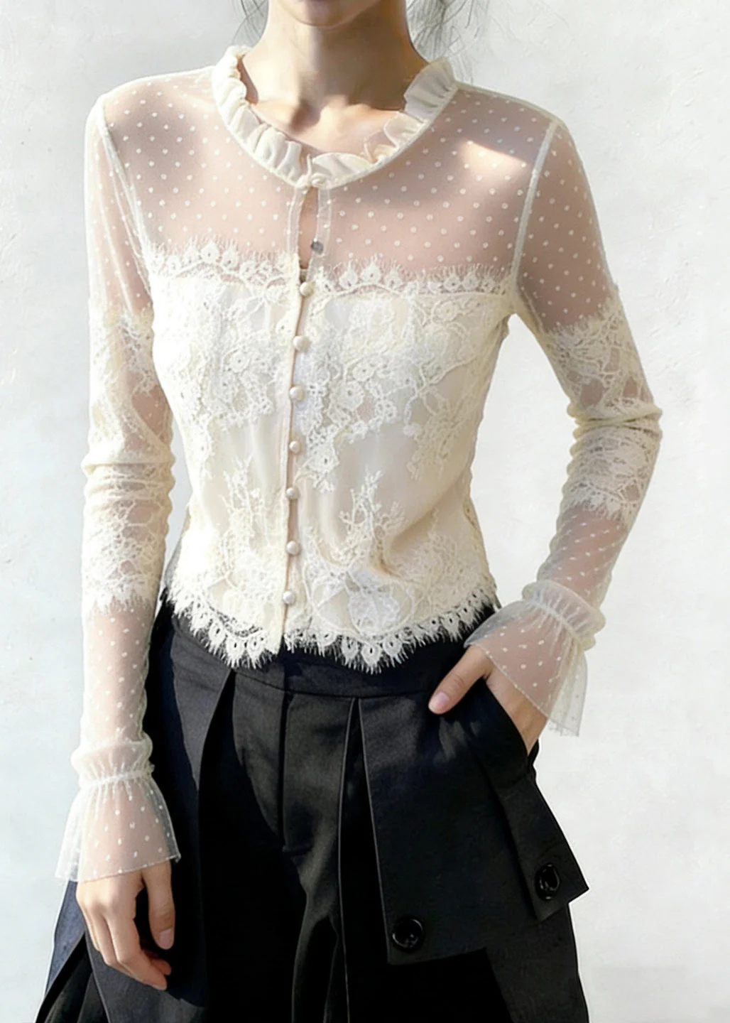 Chic White Ruffled Button Patchwork Lace Blouse Flare Sleeve - Image 3