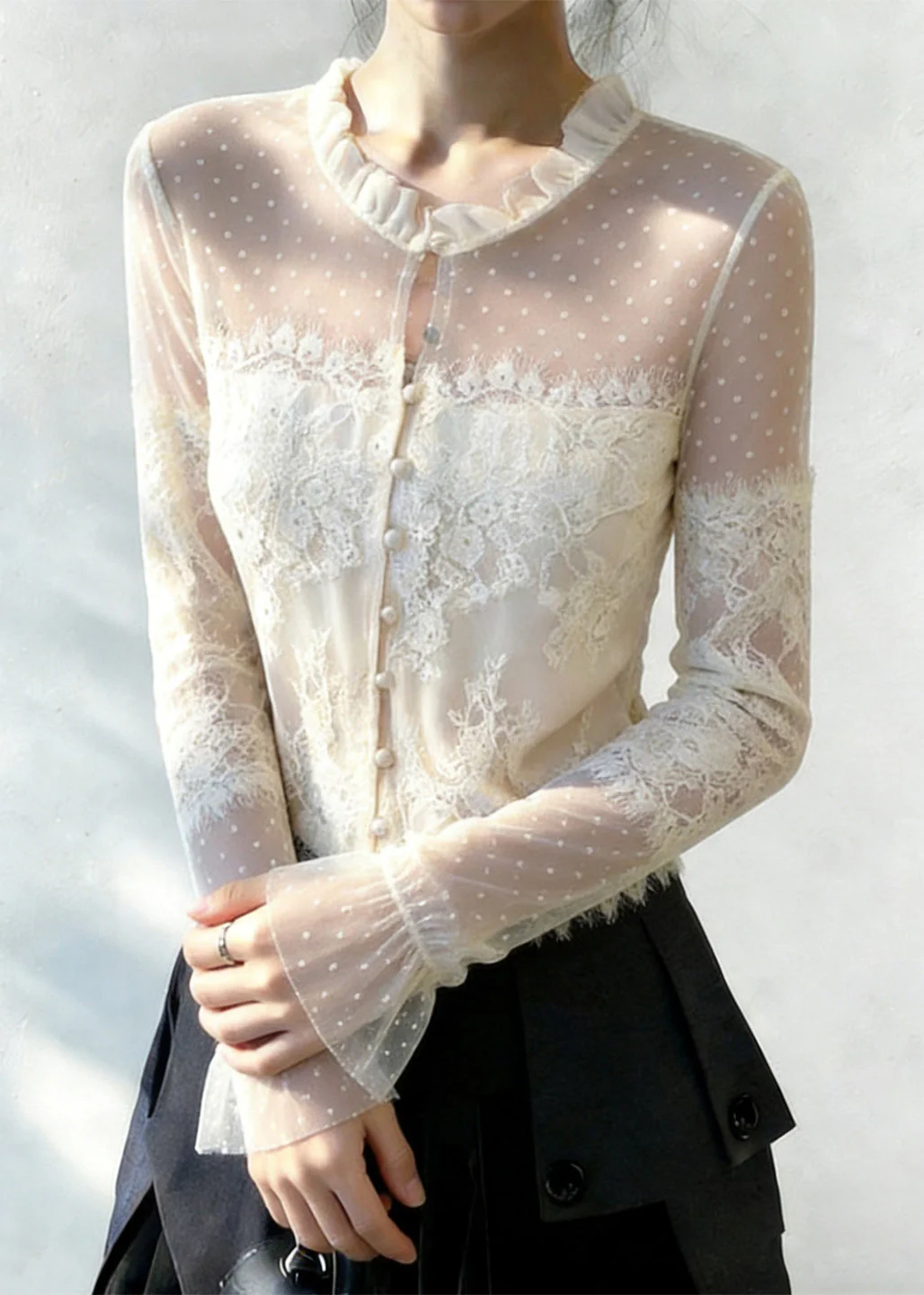 Chic White Ruffled Button Patchwork Lace Blouse Flare Sleeve - Image 4