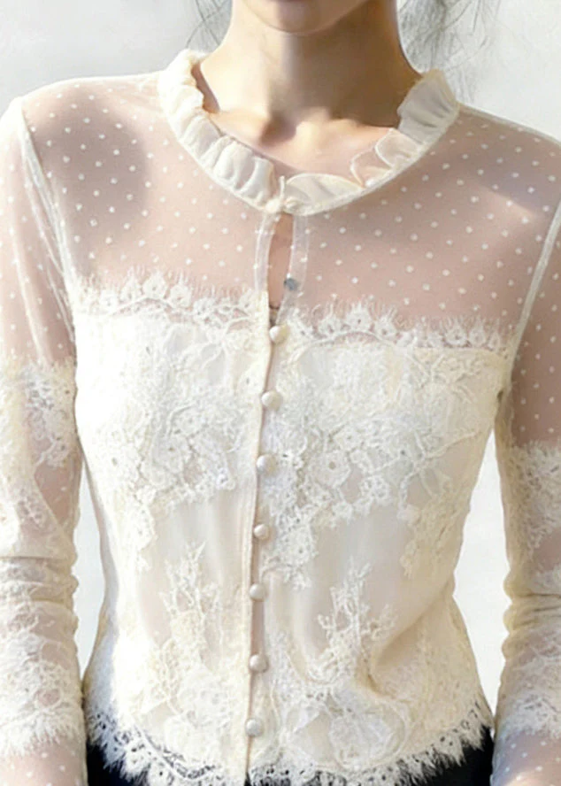 Chic White Ruffled Button Patchwork Lace Blouse Flare Sleeve - Image 5