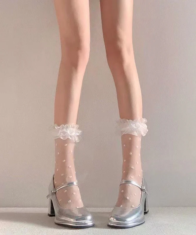 Chic White Ruffled Jacquard Lace Crew Socks - Image 3