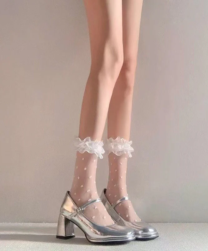 Chic White Ruffled Jacquard Lace Crew Socks - Image 4