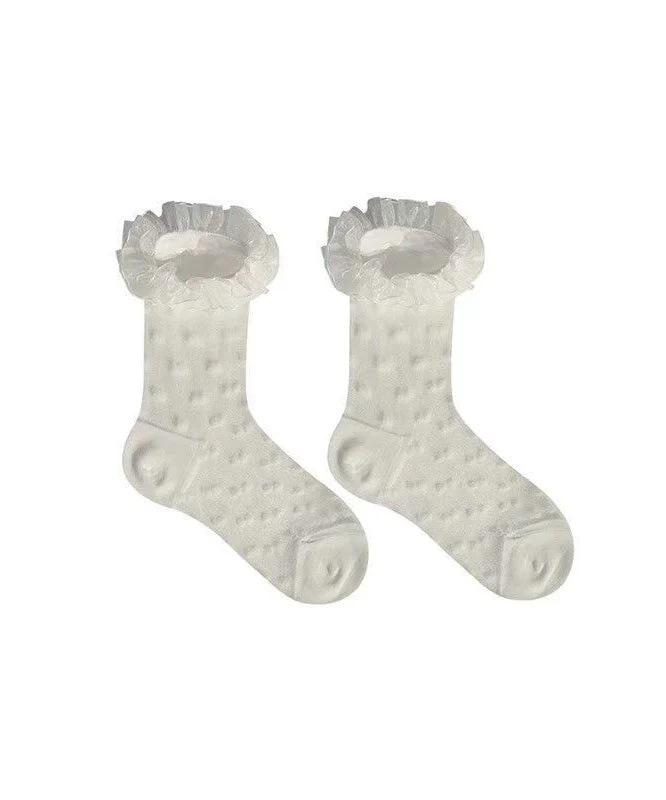 Chic White Ruffled Jacquard Lace Crew Socks - Image 5