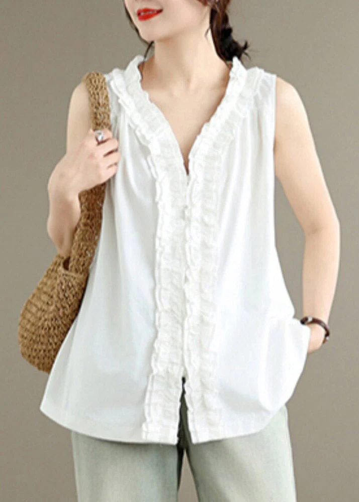 Chic White Ruffled Patchwork Solid Vest Sleeveless