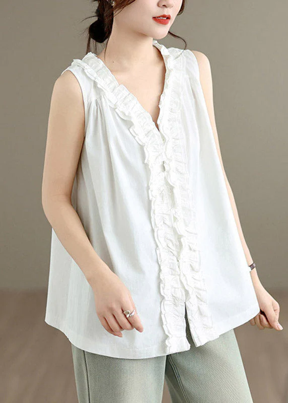 Chic White Ruffled Patchwork Solid Vest Sleeveless - Image 2