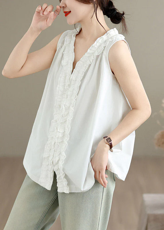 Chic White Ruffled Patchwork Solid Vest Sleeveless - Image 3