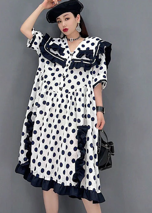 Chic White Sailor Collar Ruffled Patchwork Dot Print Mid Dresses Short Sleeve - Image 2