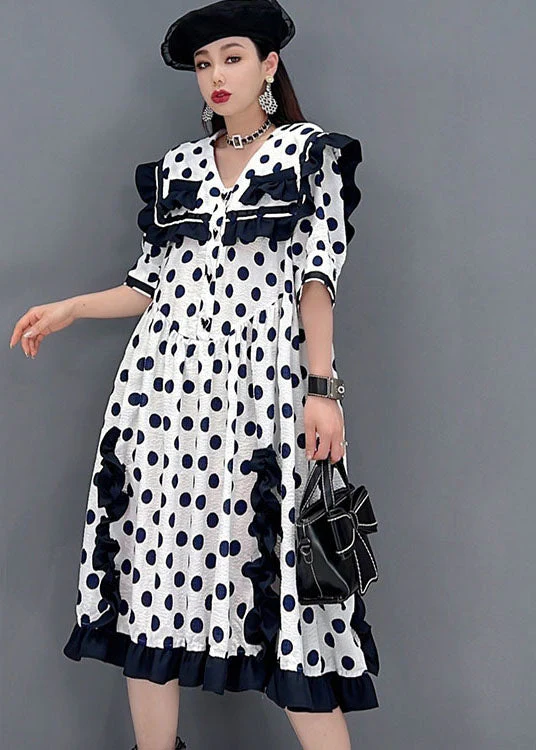 Chic White Sailor Collar Ruffled Patchwork Dot Print Mid Dresses Short Sleeve - Image 3