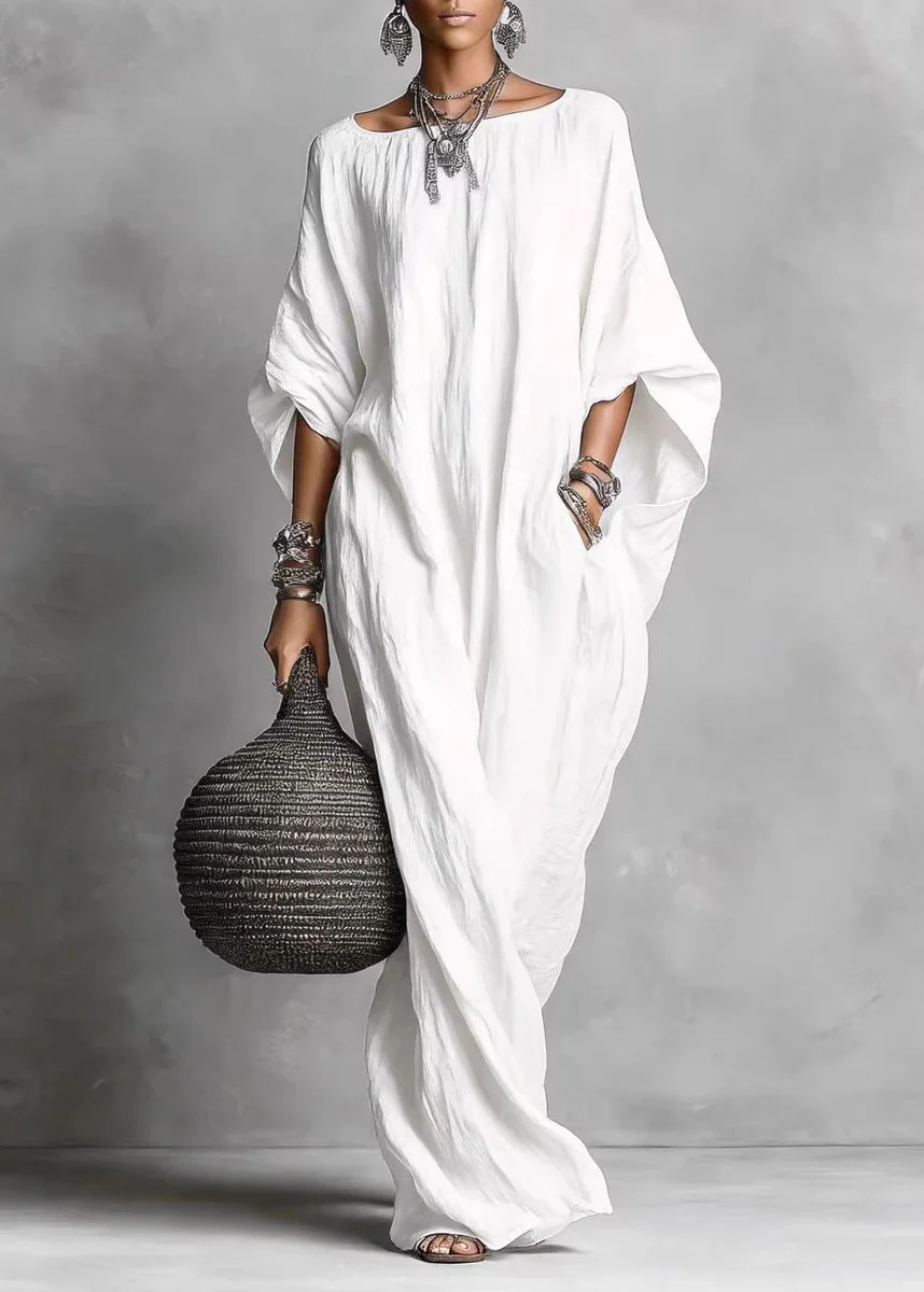 Chic White Slash Neck Pockets Cotton Long Dress Summer