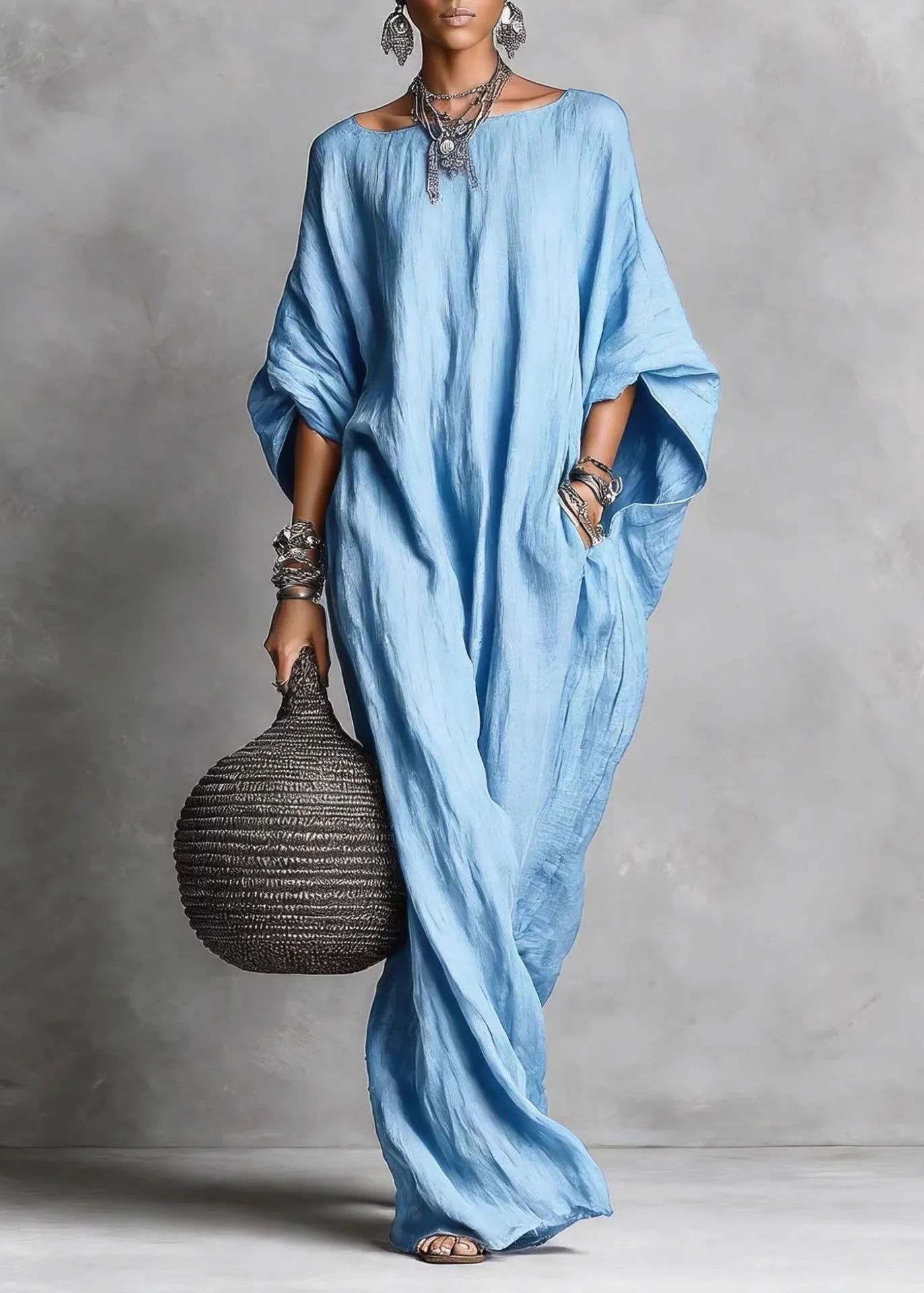 Chic White Slash Neck Pockets Cotton Long Dress Summer - Image 3