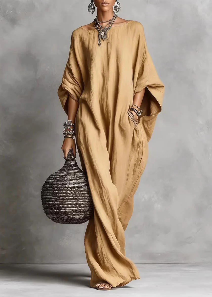 Chic White Slash Neck Pockets Cotton Long Dress Summer - Image 4