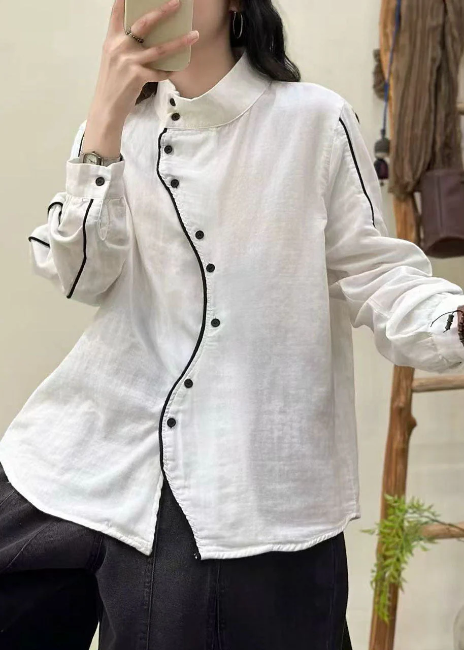 Chic White Stand Collar Button Cotton Blouses Spring - Image 3