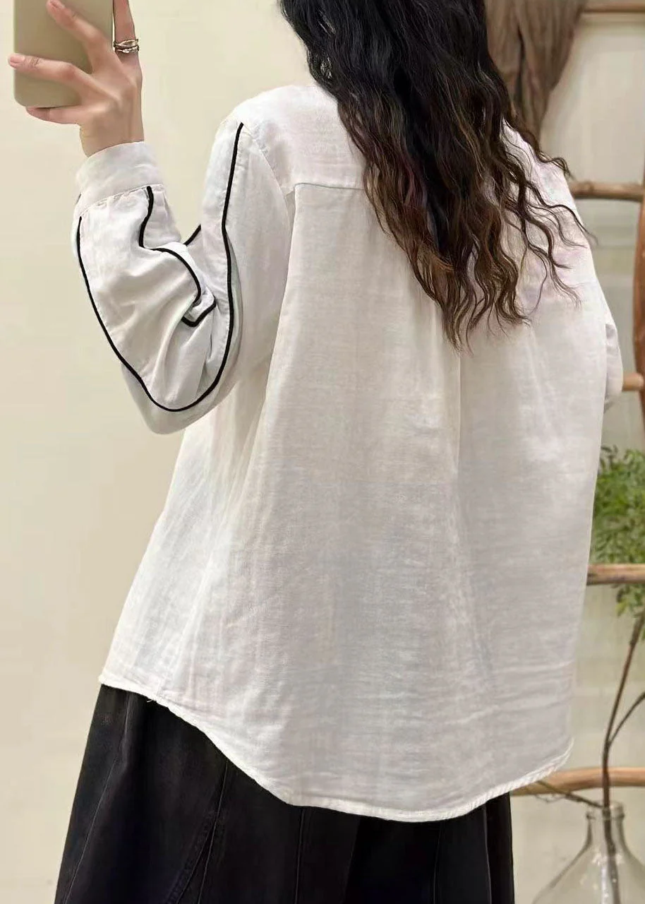 Chic White Stand Collar Button Cotton Blouses Spring - Image 4