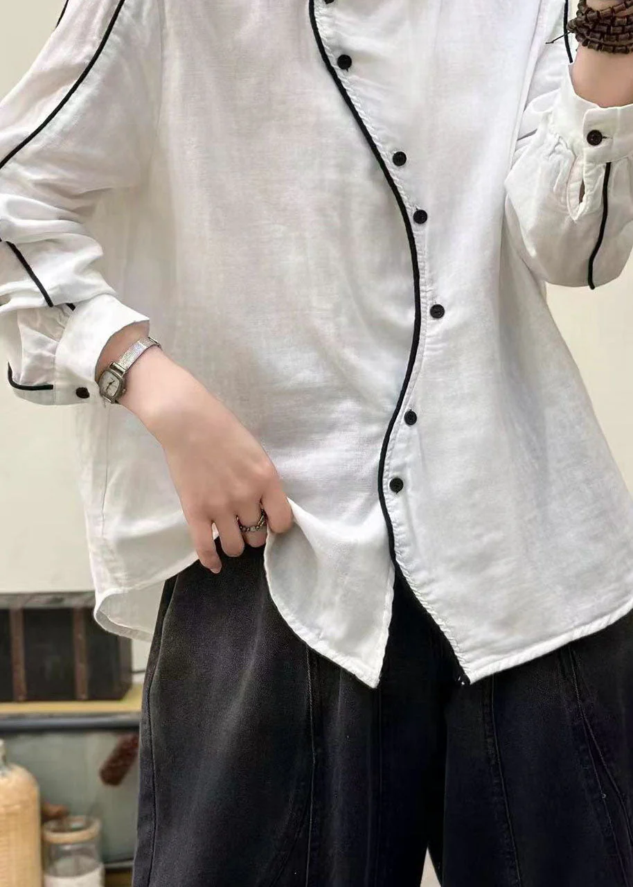 Chic White Stand Collar Button Cotton Blouses Spring - Image 5