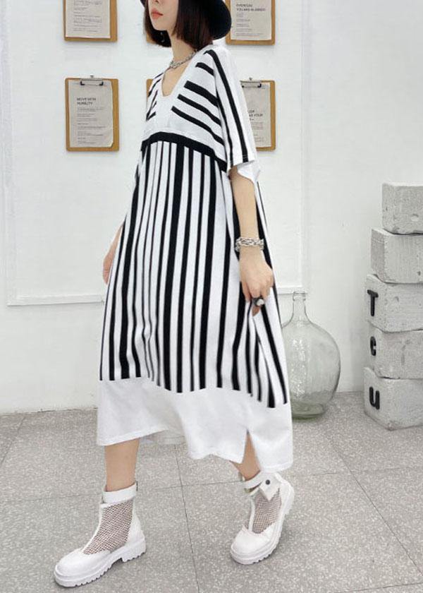 Chic White Striped Cotton Dress V Neck Summer Long Dresses - Image 3