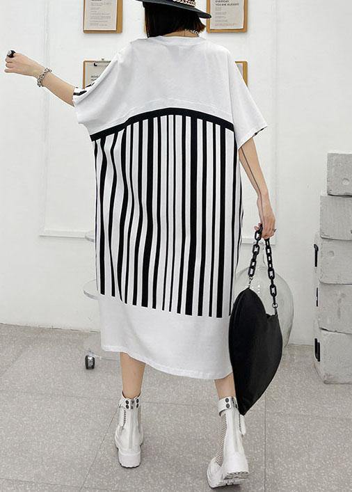Chic White Striped Cotton Dress V Neck Summer Long Dresses - Image 4