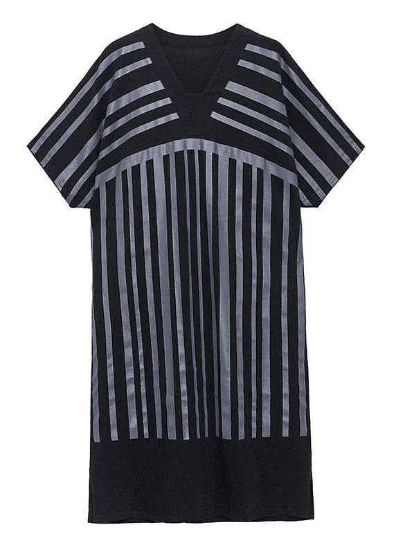 Chic White Striped Cotton Dress V Neck Summer Long Dresses - Image 5