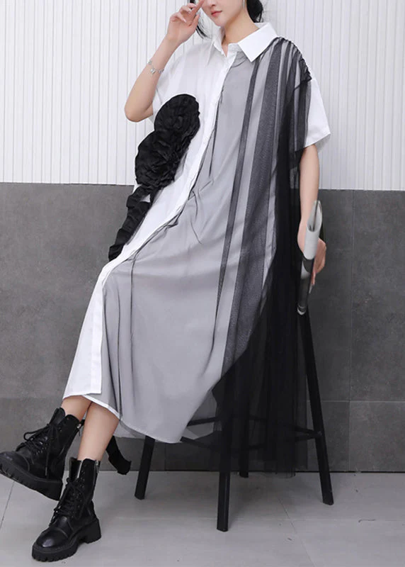 Chic White Tulle Patchwork Maxi Dress Short Sleeve - Image 3