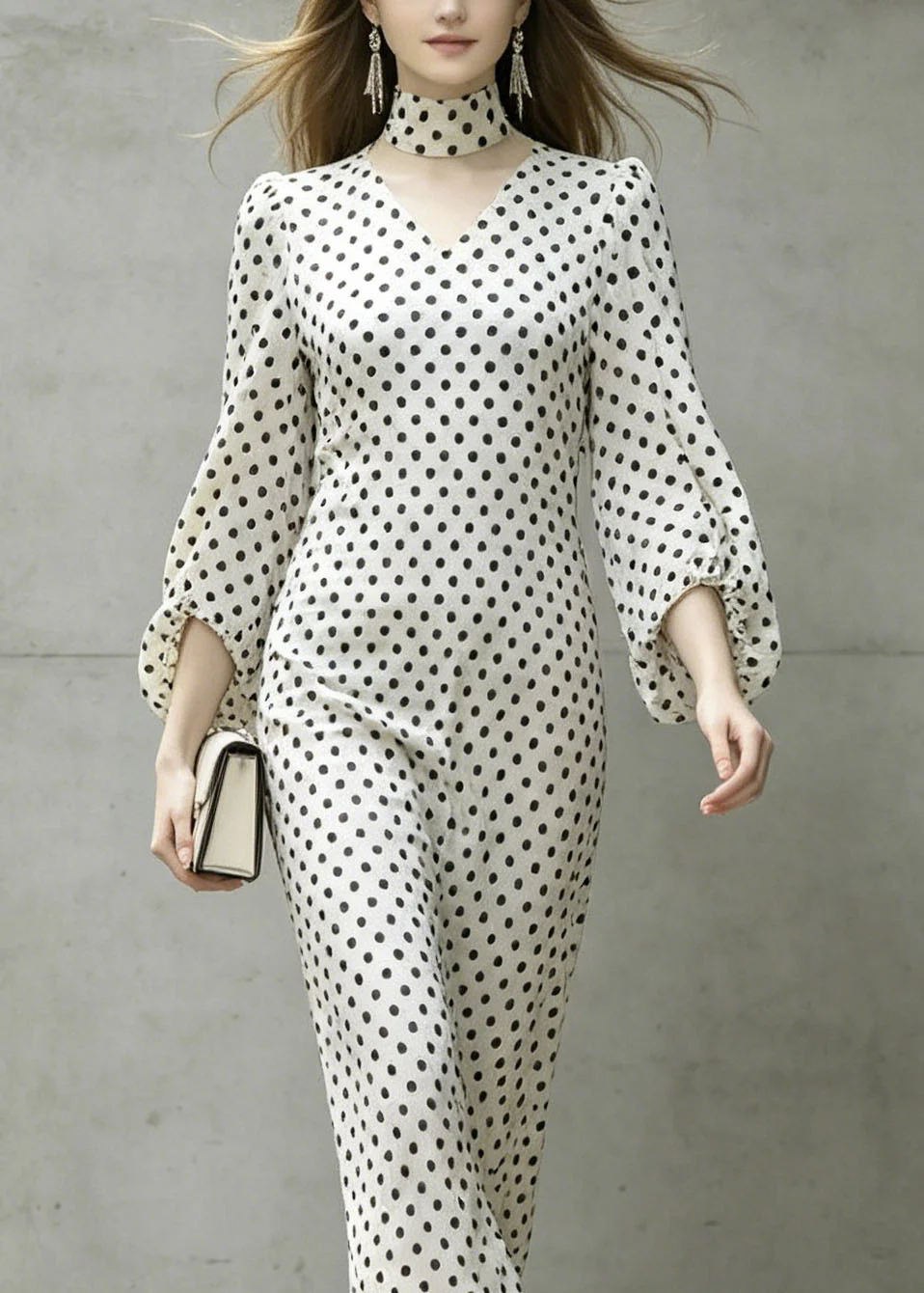 Chic White V Neck Dot Print Chiffon Dresses Lantern Sleeve - Image 2