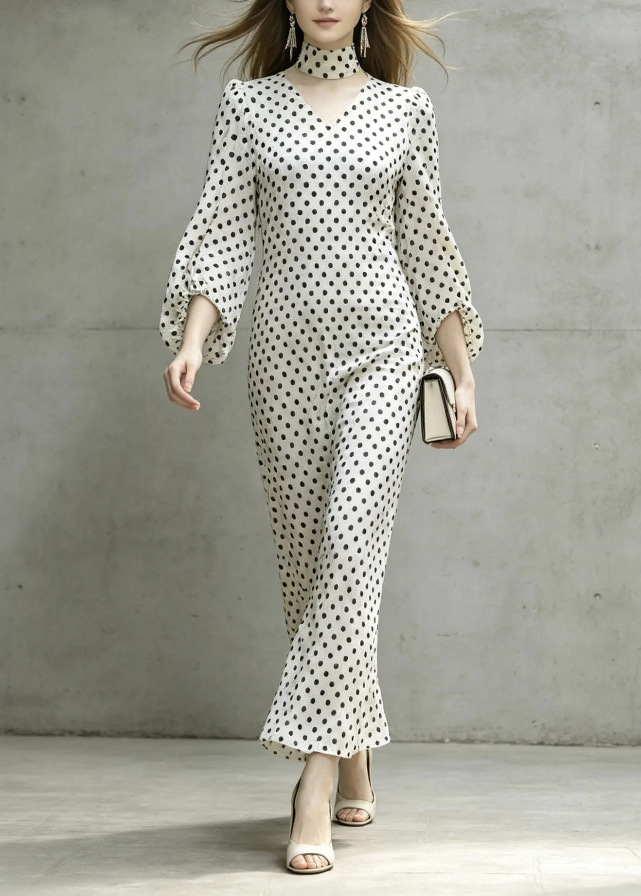 Chic White V Neck Dot Print Chiffon Dresses Lantern Sleeve - Image 3