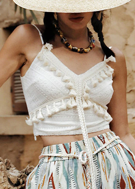 Chic White V Neck Embroidered Floral Tassel Top Sleeveless - Image 3