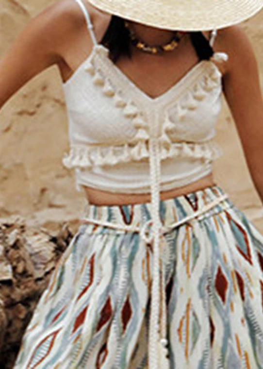 Chic White V Neck Embroidered Floral Tassel Top Sleeveless - Image 5