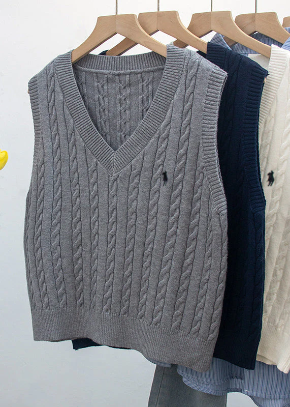 Chic White V Neck Embroideried Knit Vest Sleeveless - Image 2