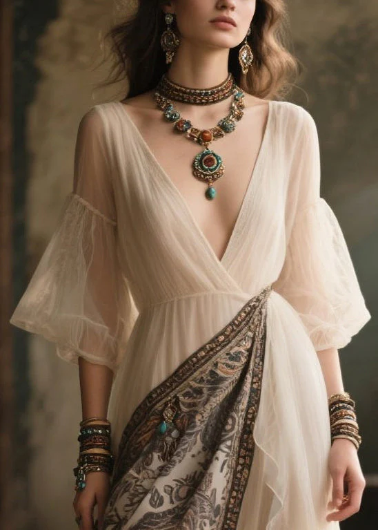 Chic White V Neck Patchwork Chiffon Holiday Dress Summer - Image 2