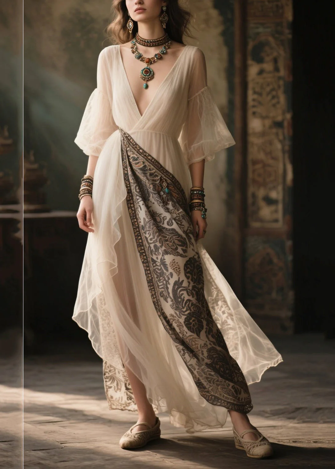 Chic White V Neck Patchwork Chiffon Holiday Dress Summer - Image 3