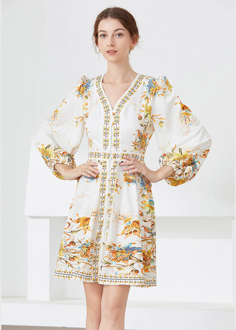 Chic White V Neck Print Chiffon Mid Dress Spring - Image 2