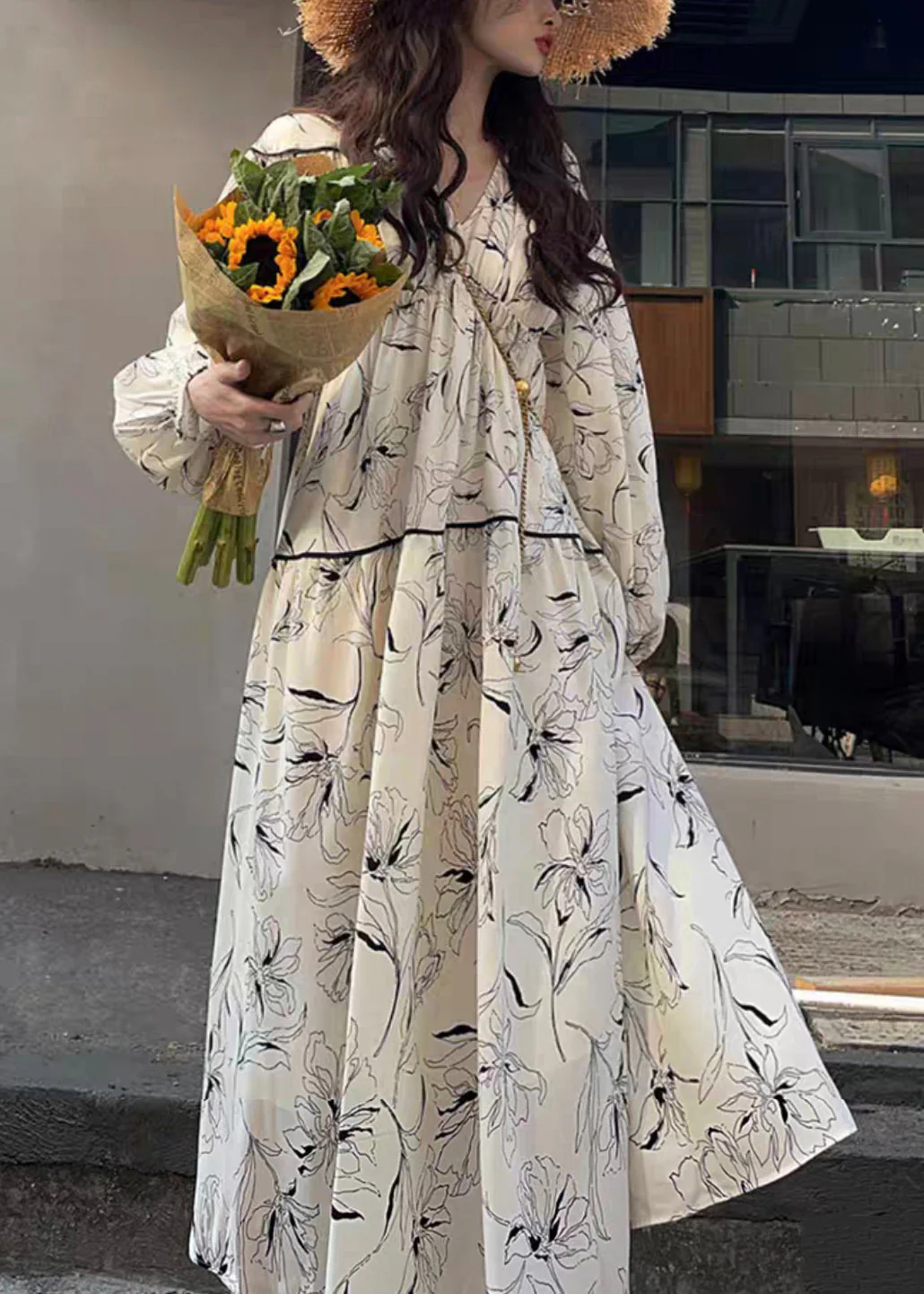 Chic White V Neck Print Wrinkled Patchwork Cotton Long Dresses Fall - Image 2