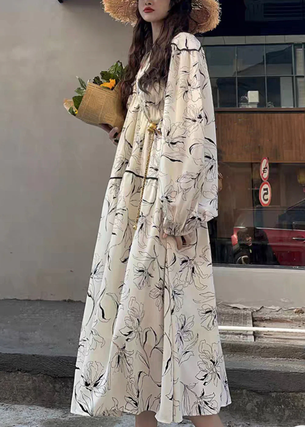 Chic White V Neck Print Wrinkled Patchwork Cotton Long Dresses Fall - Image 3