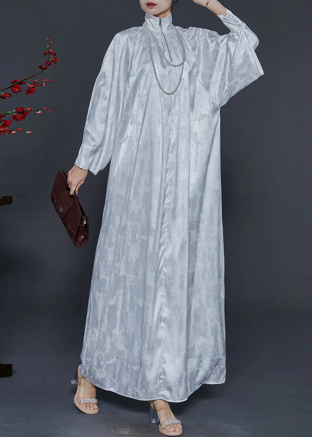 Chic White Zip Up Jacquard Wear On Both Sides Silk Long Dress Fall - Image 3