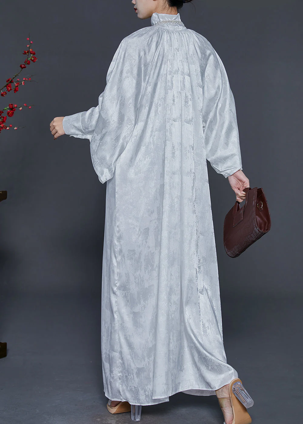 Chic White Zip Up Jacquard Wear On Both Sides Silk Long Dress Fall - Image 4