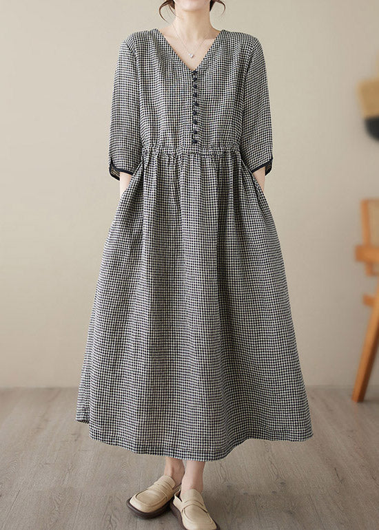 Chic wine red V Neck Plaid Patchwork Button Linen Maxi Dresses Summer - Image 3