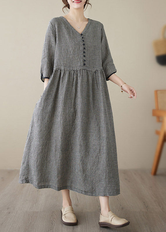 Chic wine red V Neck Plaid Patchwork Button Linen Maxi Dresses Summer - Image 4